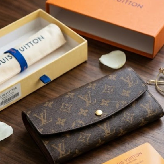 Louis Vuitton monogram eyeglasses case displayed on a wooden table with its orange box, yellow presentation box, rolled paper, glasses, and card nearby.