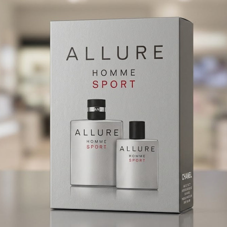 Allure Homme Sport cologne set in a silver-gray box, featuring two matching spray bottles with black caps, displayed on a reflective surface with a blurred store background.