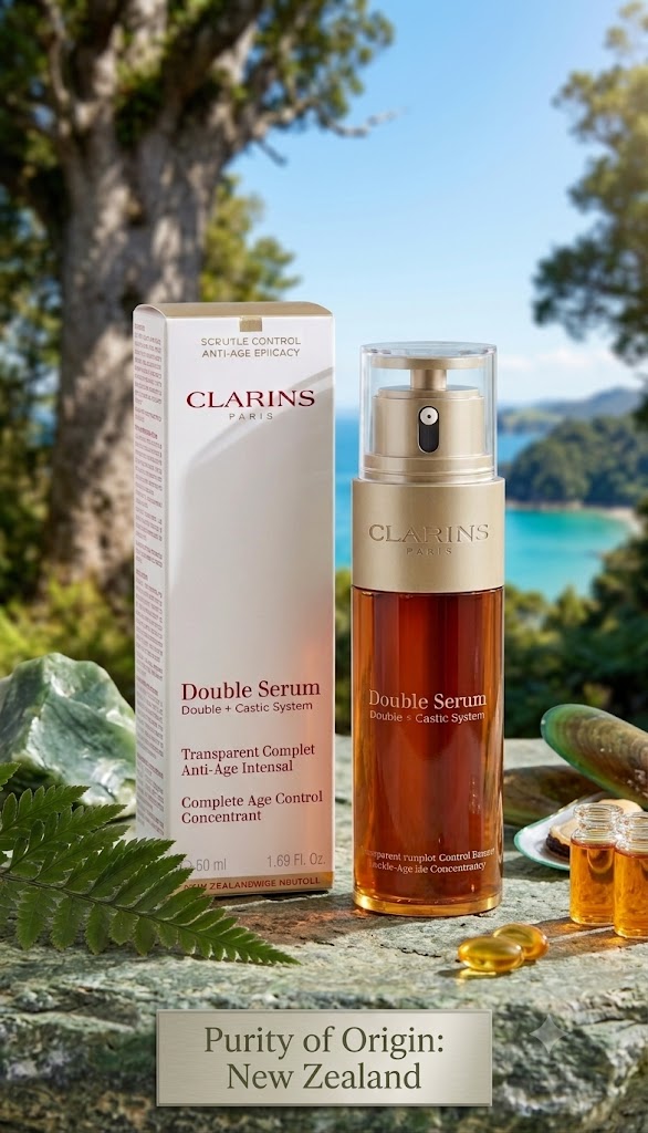 Clarins Double Serum skincare bottle and matching box displayed outdoors on a stone surface with tropical beach scenery in the background. The bottle is amber glass with a gold pump, and the box is white with gold and red branding.