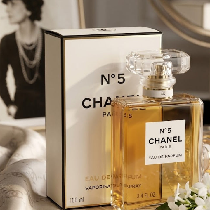 Chanel No. 5 Eau de Parfum bottle and its original box, styled on a draped satin fabric with white flowers and a vintage mirror in the background.
