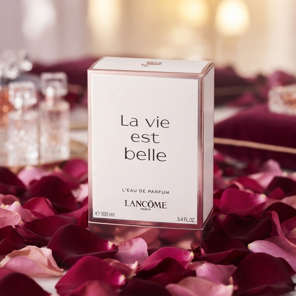Lancôme La Vie Est Belle Eau de Parfum box, 100 ml, standing upright on a bed of pink and burgundy rose petals with blurred perfume bottles in the background.