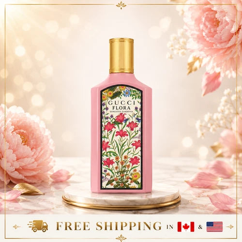 Gucci Flora perfume bottle in pink with a gold cap and a colorful floral label, displayed on a marble pedestal with pink flowers in the background. A 'FREE SHIPPING IN' banner is visible at the bottom.