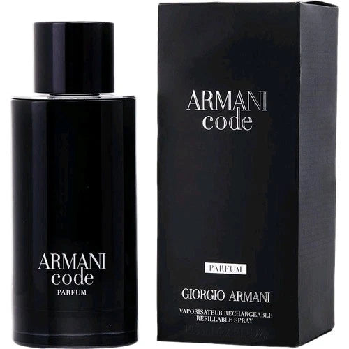 Armani Code parfum bottle and packaging on a white background
